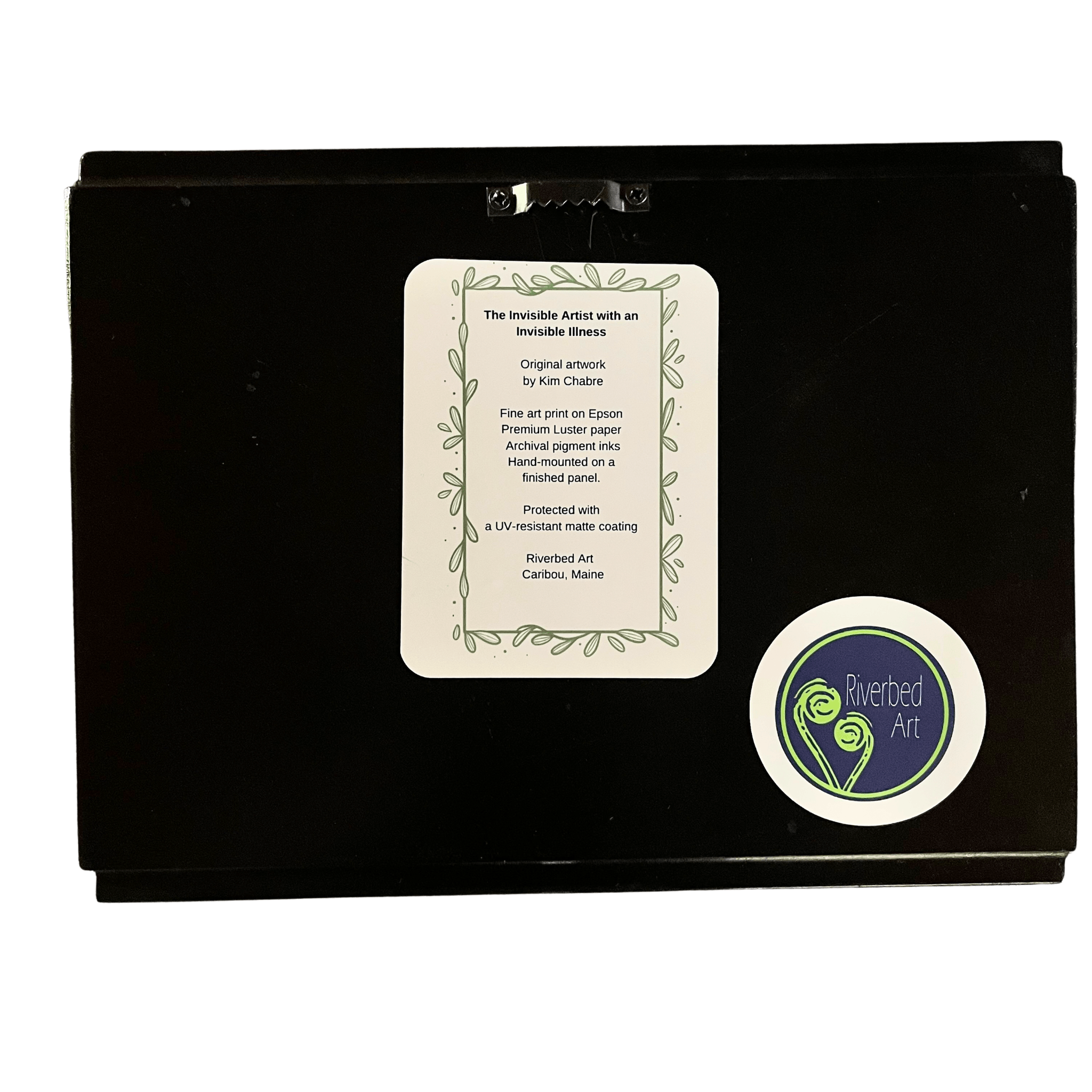 Back of 8x10 mounted fine art print showing label and sawtooth hanging hardware