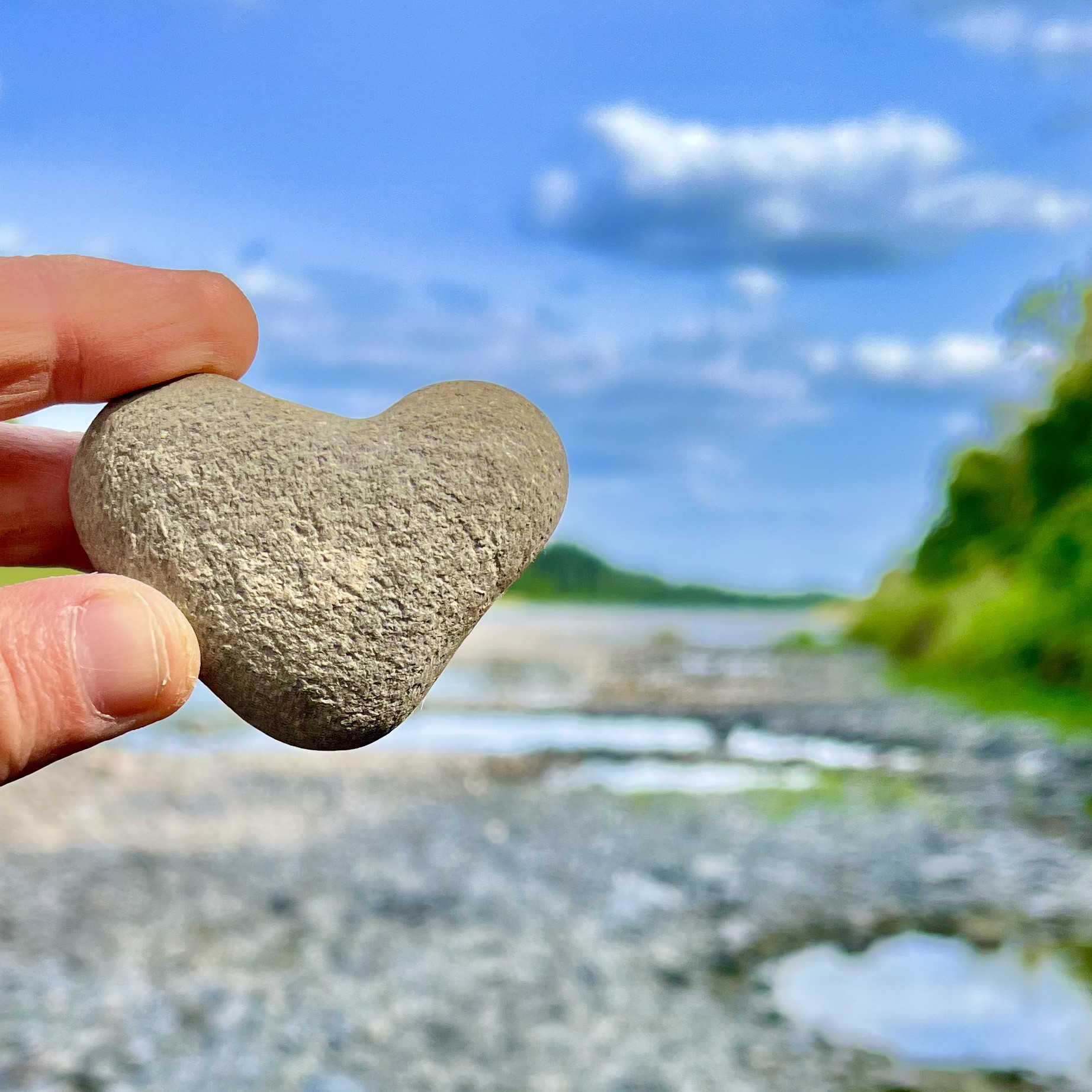 Kim Chabre's hand holding a heart shaped stone beside the Aroostook River in Caribou, Maine