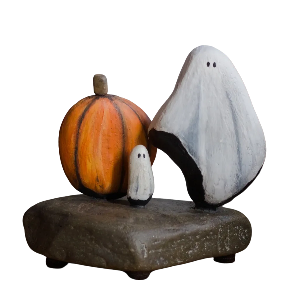 Aroostook River stone sculpture featuring two white ghosts and an orange pumpkin on a natural stone base