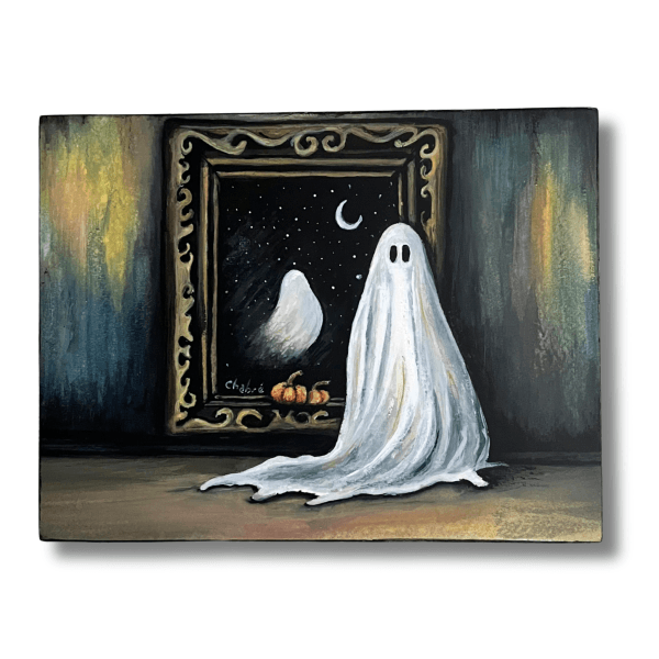 The Invisible Artist with an Invisible Illness 8x10 mounted fine art print featuring a ghost beside her artwork