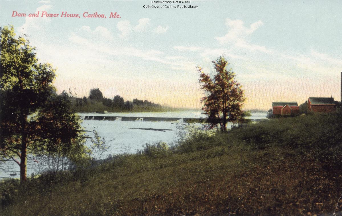 Power dam and powerhouse on the Aroostook River in Caribou, Maine, circa 1920.