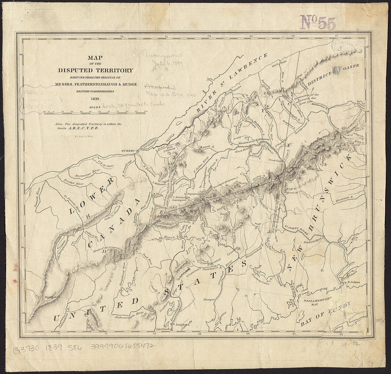 1839 map showing the disputed territory in northern Maine and the adjoining British provinces, with rivers and boundary lines.