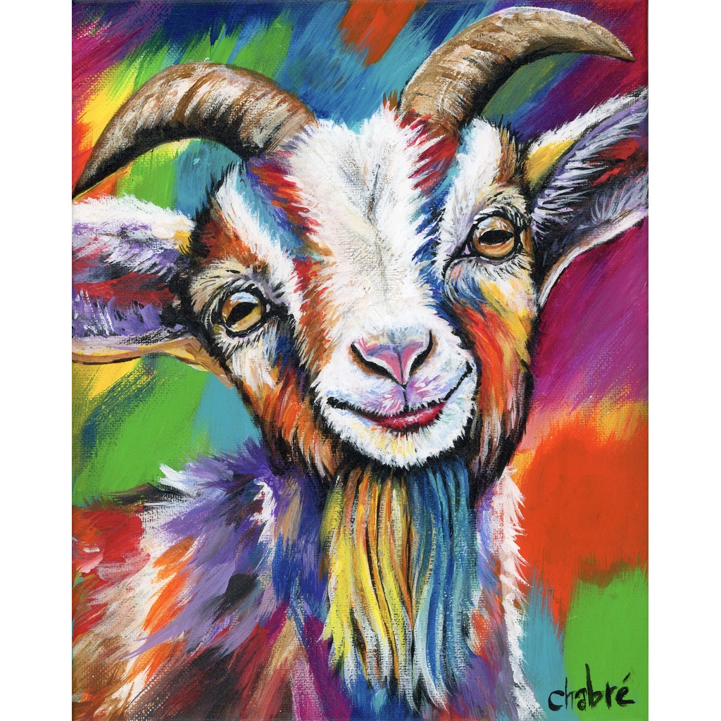 Colorful Kid goat portrait by Kim Chabre, with sweeping horns and a long beard in vivid blue, green, orange, pink, and purple.