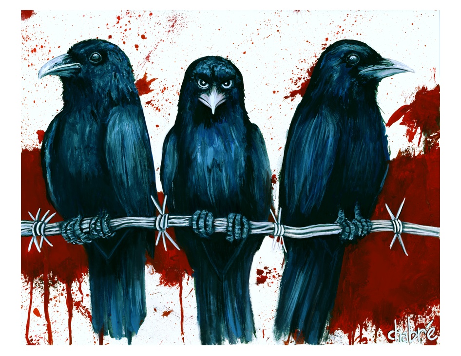 Murder artwork showing three crows on barbed wire against red and white, centered on a white sheet with a border.