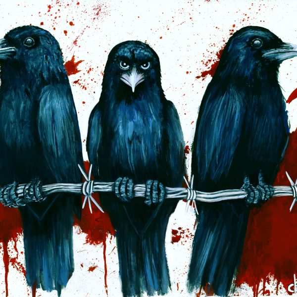 Three dark blue and black crows perched on barbed wire against a white background with vivid red paint splashes and the artist’s signature.
