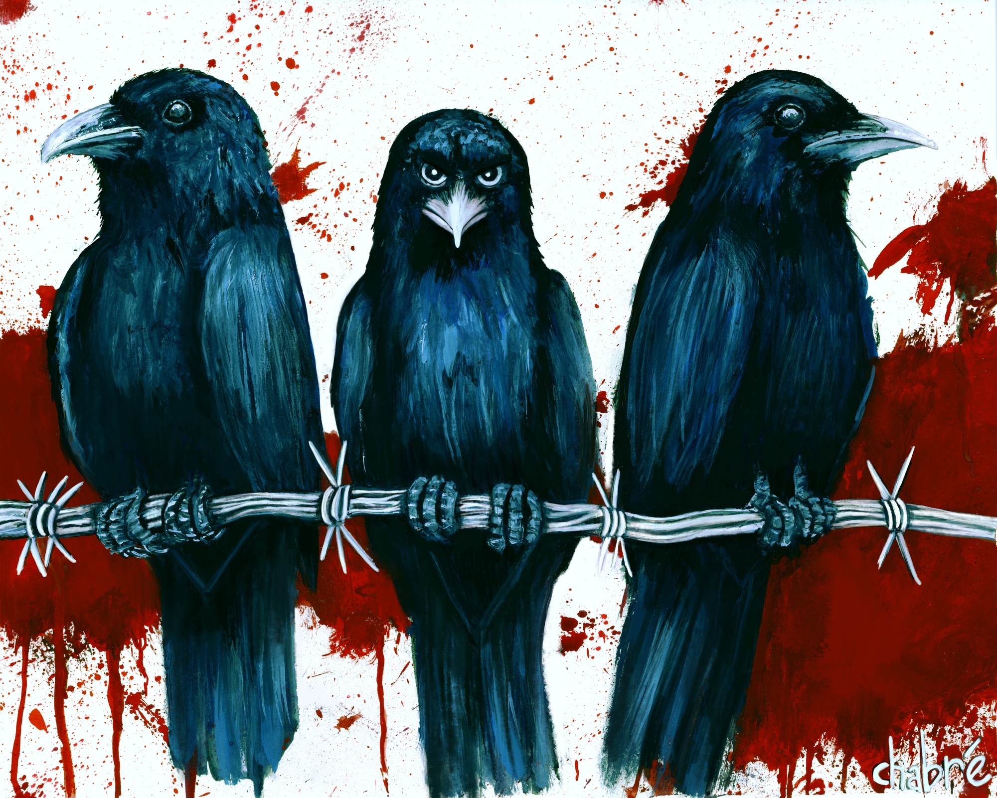 Three dark blue and black crows perched on barbed wire against a white background with vivid red paint splashes and the artist’s signature.