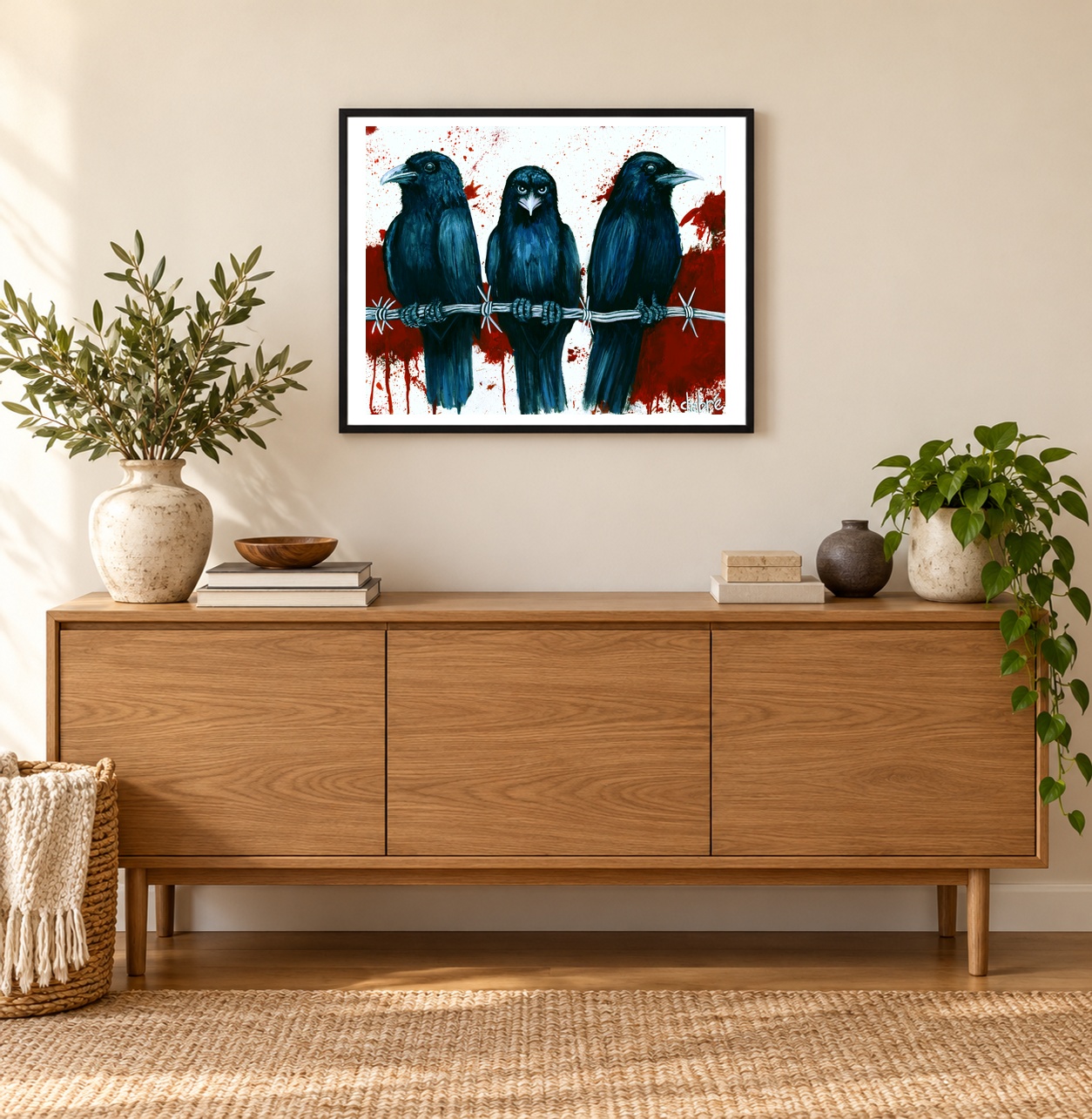 Murder artwork featuring three crows on barbed wire, displayed in a black frame hanging above an oak console in a sunlit home.