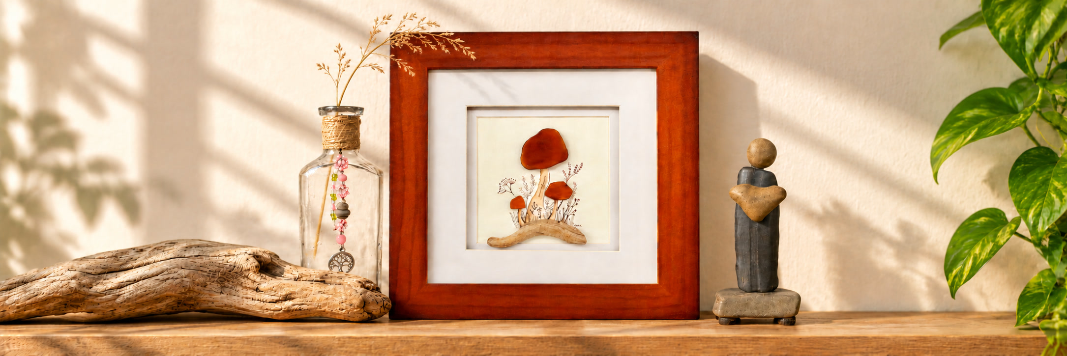 Framed amber river glass mushroom artwork, Vintage BEST bottle with a dried stem, and heart stone sculpture displayed with driftwood and a leafy plant.