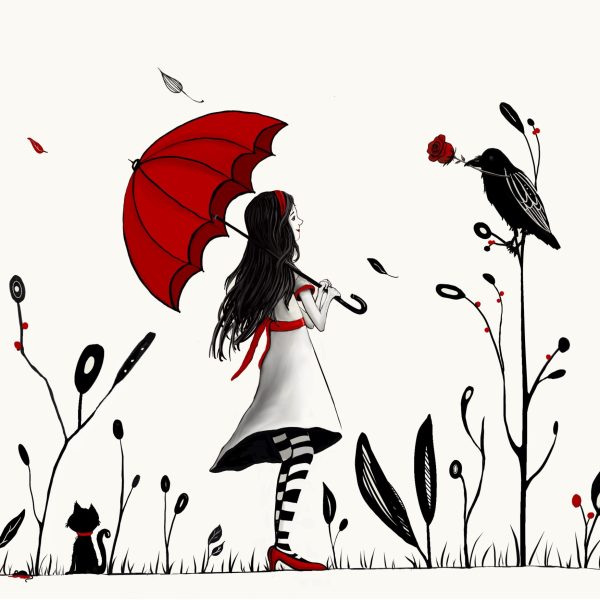 Full Red Things illustration: girl with a red umbrella, black cat, bird holding a red rose, black foliage, and signature on a cream background.