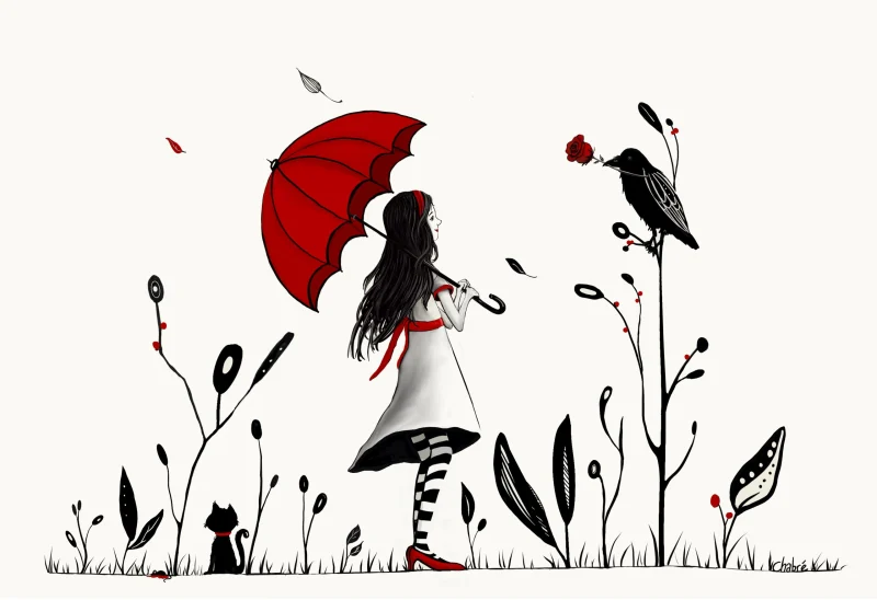 Full Red Things illustration: girl with a red umbrella, black cat, bird holding a red rose, black foliage, and signature on a cream background.