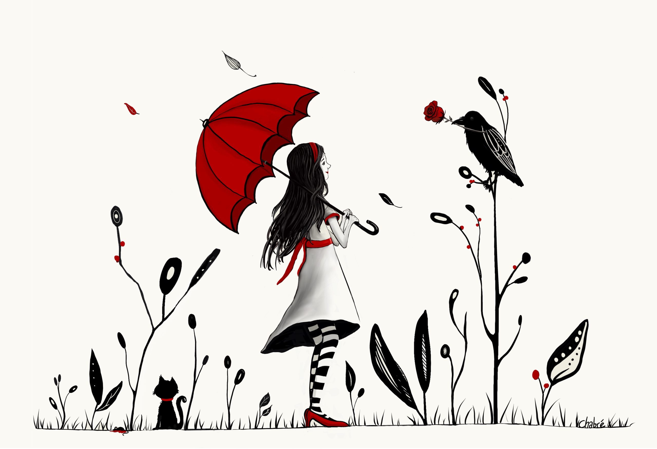 Full Red Things illustration: girl with a red umbrella, black cat, bird holding a red rose, black foliage, and signature on a cream background.